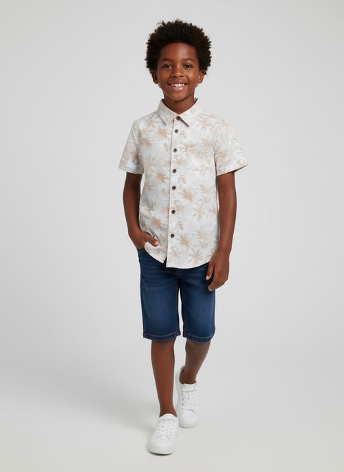 Camisa Manga Curta Infantil Menino Bege Folhas Tropicais