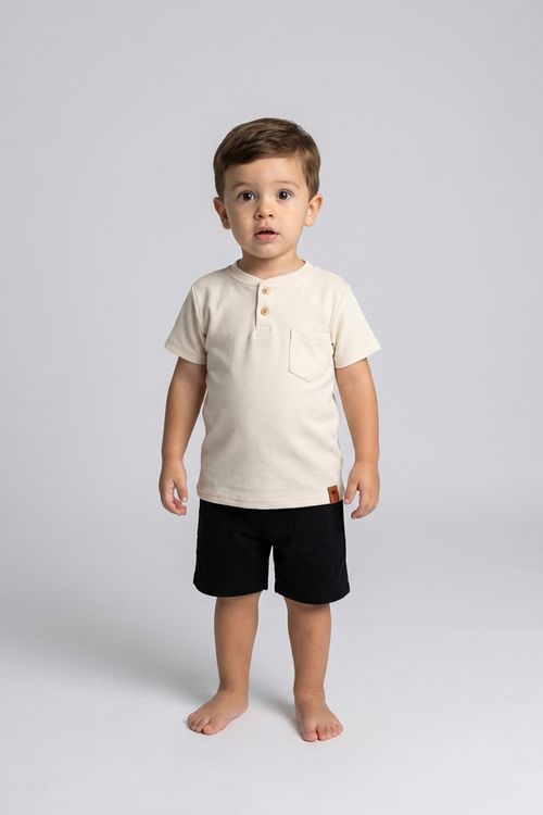 Blusa Infantil Menino Bege Claro Gola Padre Botões Bolso