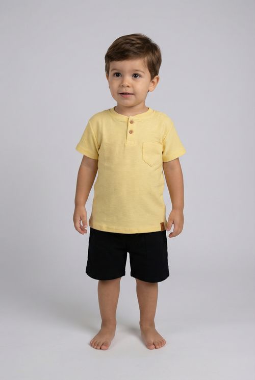 Blusa Infantil Menina Amarelo Claro Gola Padre Botões Bolso