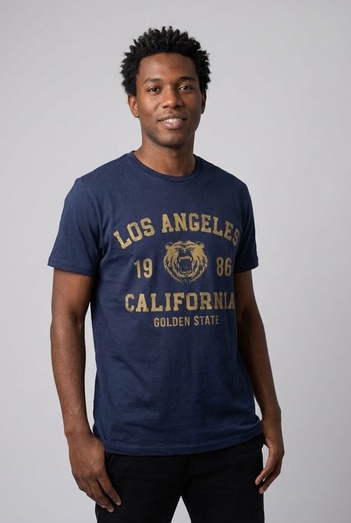 Camiseta Masculina Azul Marinho Urso Dourado Los Angeles