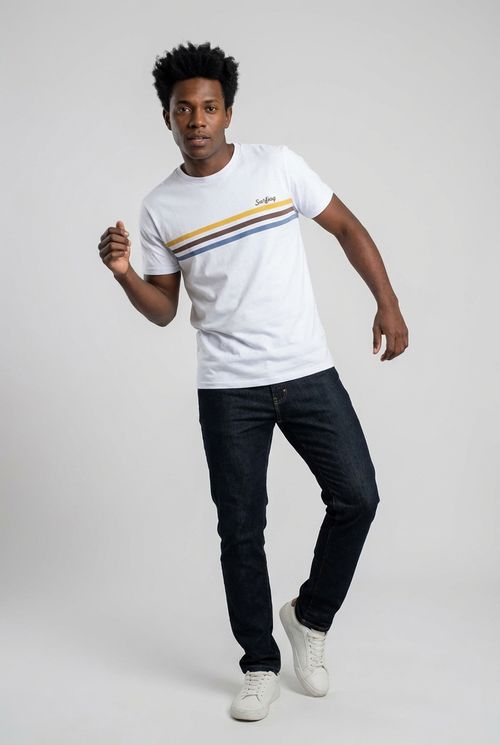 Camiseta Masculina Branca Estampa Surfing Faixas Coloridas