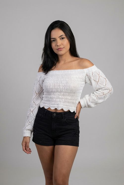 Blusa Cropped Feminina Off White Ombro a Ombro Mangas Vazadas