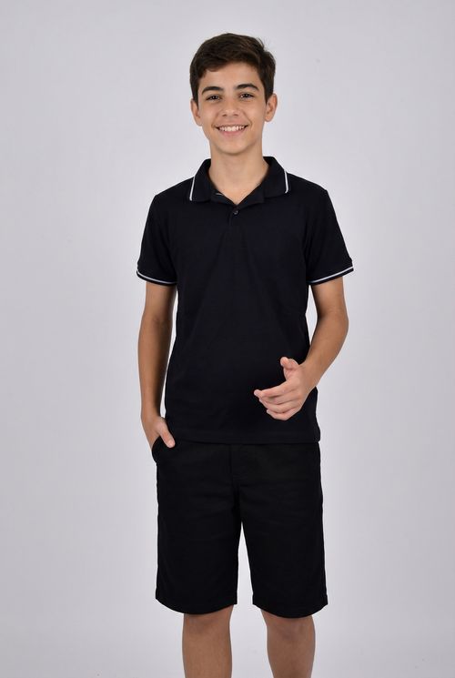 Camiseta Polo Infantil menino Azul Marinho Juvenil Frisos Brancos