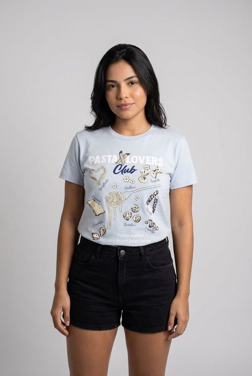 Camiseta Feminina Azul Claro Estampa Massas Italianas