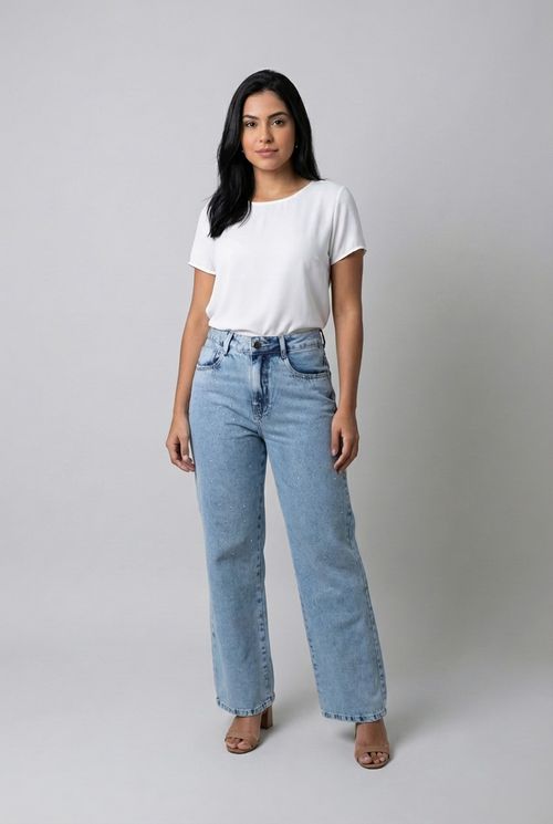 Calca fem aj fcaa195 jns wide brilho cl jeans azul claro