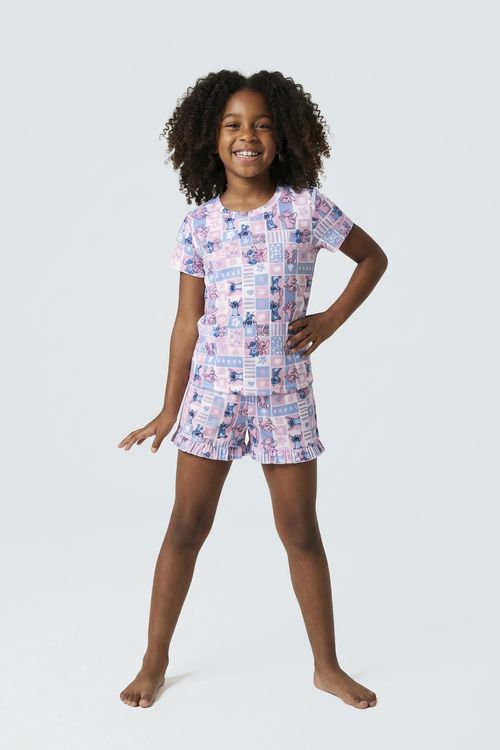Pijama Curto Infantil Menina Stitch e Angel Patchwork
