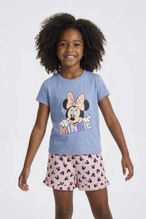 Pijama Conjunto Infantil Menina Blusa Azul Shorts Rosa Minnie