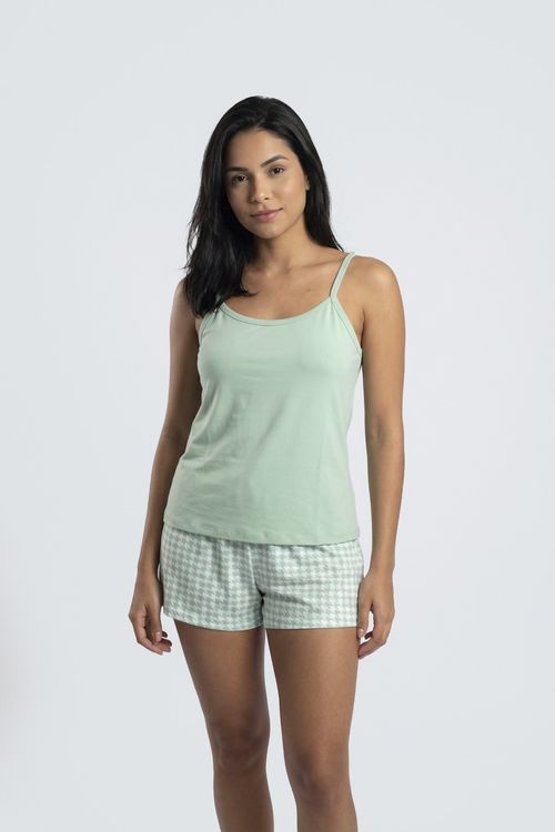 Pijama Feminino Curto Verde Menta Pied de Poule