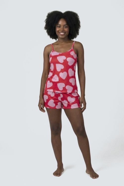 Pijama Short Doll Feminino Vermelho e Rosa Estampa Corações