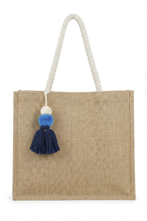 Bolsa Tote Praia Feminina Juta Natural C/ Pompons Azul Marinho