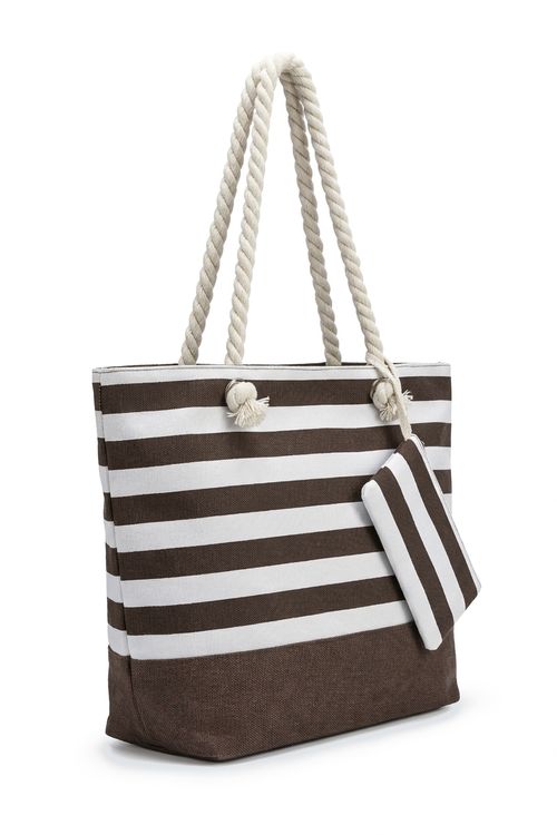 Bolsa Tote Feminina Marrom e Branca Listrada com Necessaire