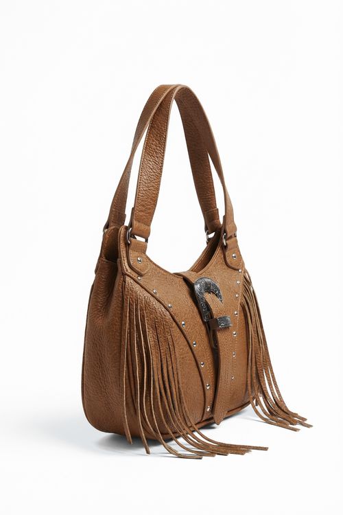 Bolsa Ombro Feminina Marrom Caramelo Franjas Western