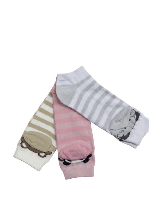 Kit 3 Meias Sapatilha Feminina Estampada Listras Bichinhos 34-39