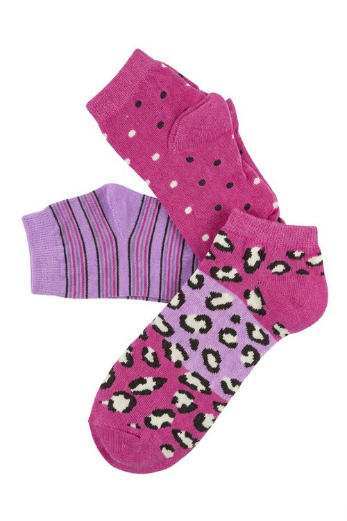 Kit Meias 3 Pares Femininas Multicoloridas Animal Print Poá Listras