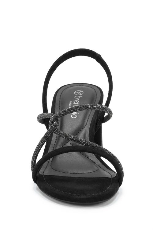 Sandália Salto Bloco Feminina Preta Tiras com Brilho e Nó