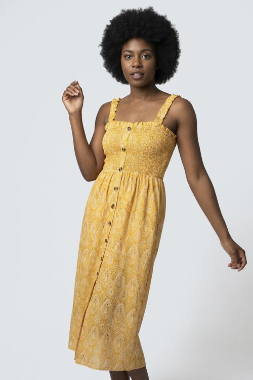 Vestido Midi Feminino Amarelo Adulto Paisley Vazada