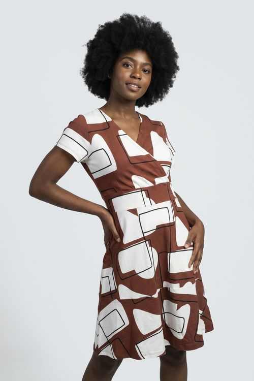 Vestido Feminino Marrom e Off-White Estampa Abstrata