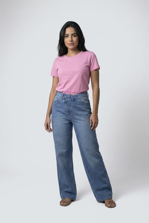 Calça Jeans Feminina Wide Leg Cós Cruzado Azul Médio