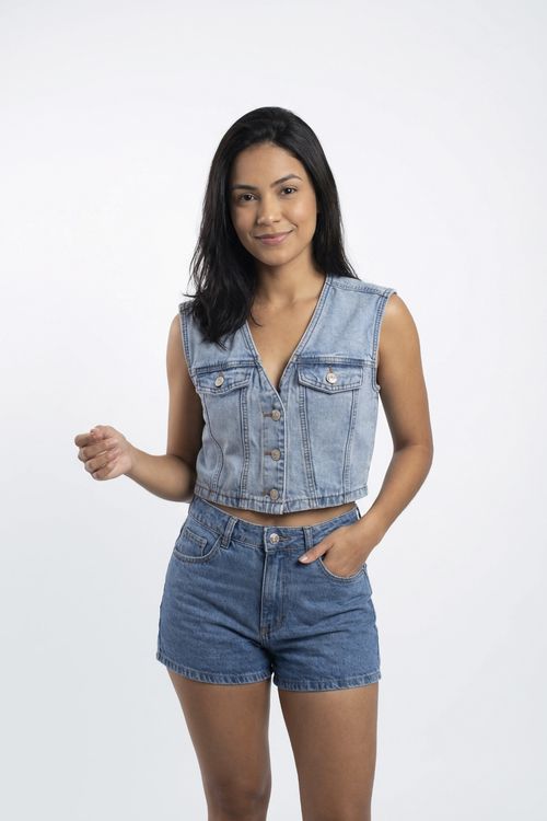 Colete Jeans Cropped Feminino Azul Claro