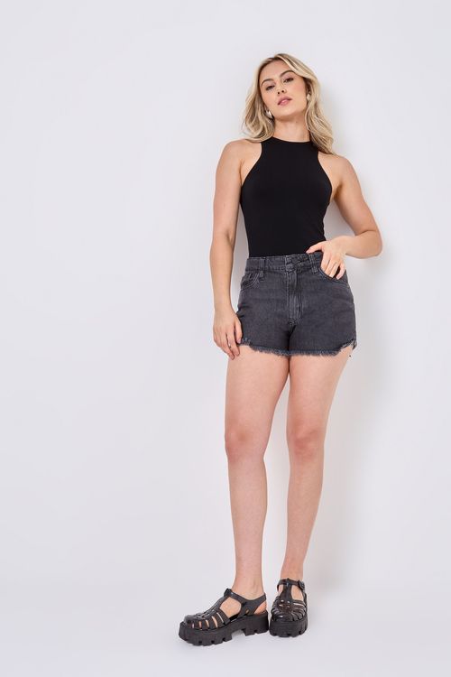 Shorts Jeans Feminino Preto Lavado Cintura Alta Barra Desfiada