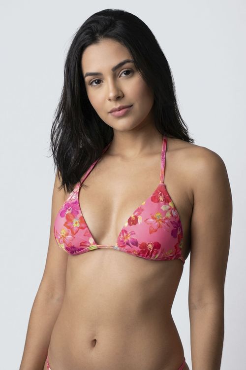 Biquíni Top Triângulo Feminino Rosa Tropical Estampado