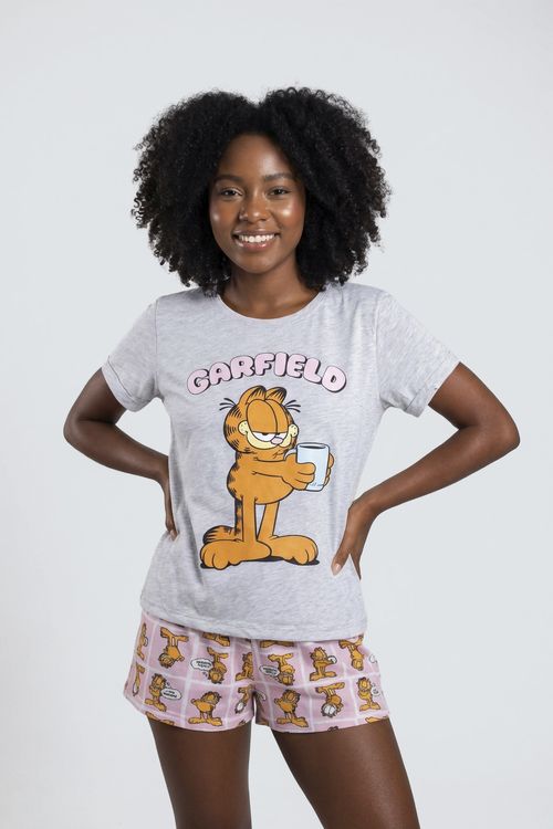 Pijama Curto Feminino Cinza Mescla/Rosa Xadrez Garfield
