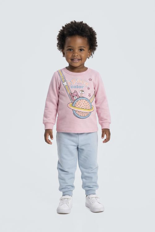 Moletom Infantil Menina Rosa Claro Urso Astronauta Planeta