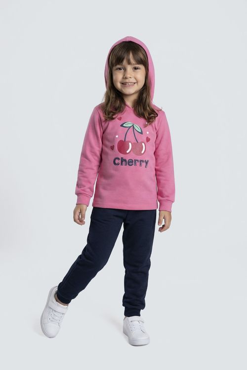 Conjunto Moletom Infantil Menina Rosa Cerejas com Capuz