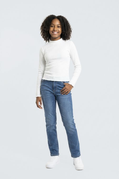 Blusa Infantil Menina Off White Canelada Gola Alta Babado