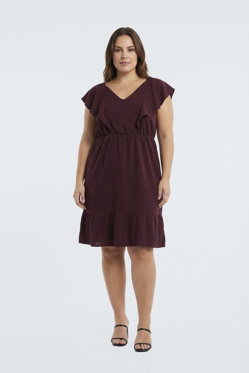 Vestido Feminino Vinho Decote V Babados Cintura Marcada