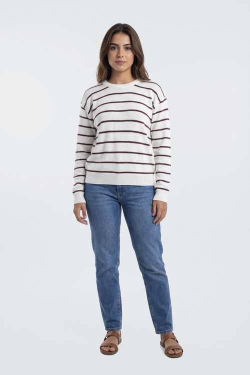 Tricot fem promo m/l listrado off/marrom estampado
