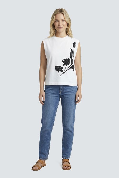 Regata Muscle Feminina Off White Estampa Botânica Contraste
