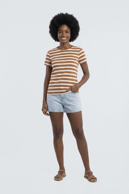 Blusa fem cas m/c listrada caramelo/off estampado