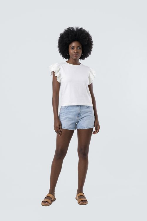 Blusa Feminina Off White com Mangas de Babados