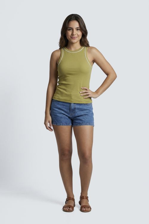 Regata Feminina Verde Oliva Canelada Acabamento Branco