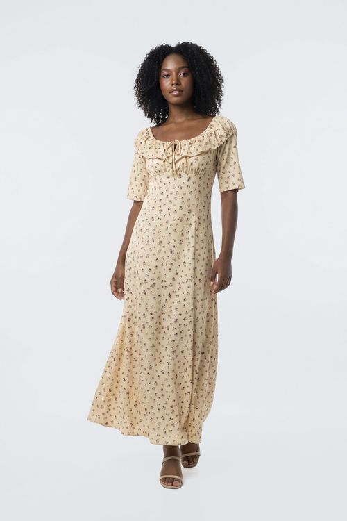 Vestido Midi Feminino Bege Claro Estampa Floral Liberty