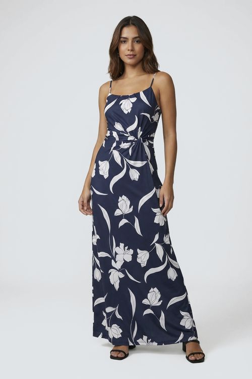 Vestido Longo Feminino Azul Marinho Floral