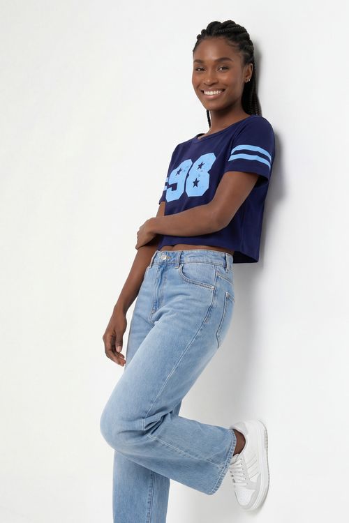 Blusa fem esp m/c crop box estampado azul escuro