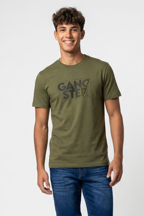 Camiseta Masculina Verde Militar Estampa Gangster