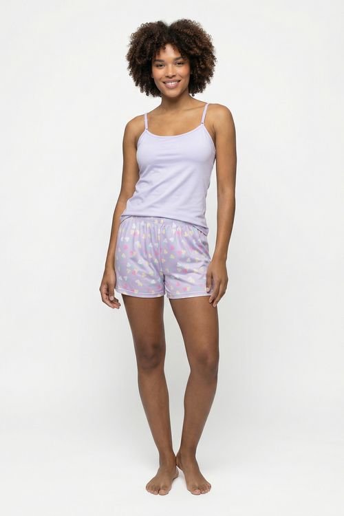 Pijama Feminino Regata e Short Corações Coloridos Lilás