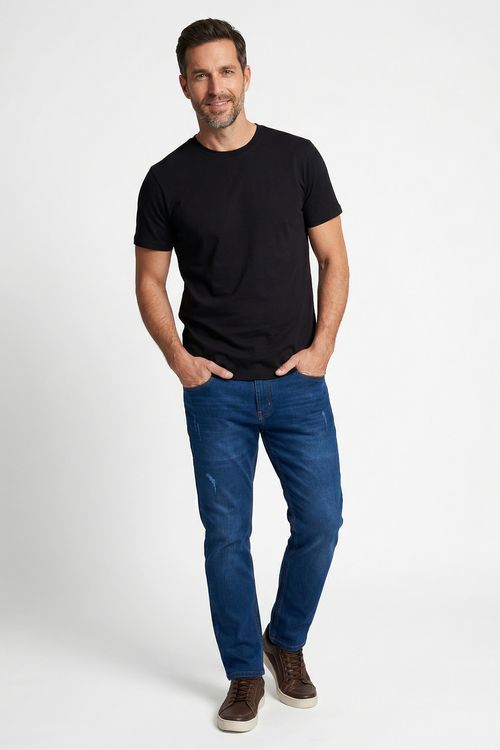 Calça Jeans Reta Masculina Azul Médio Lavagem Clara
