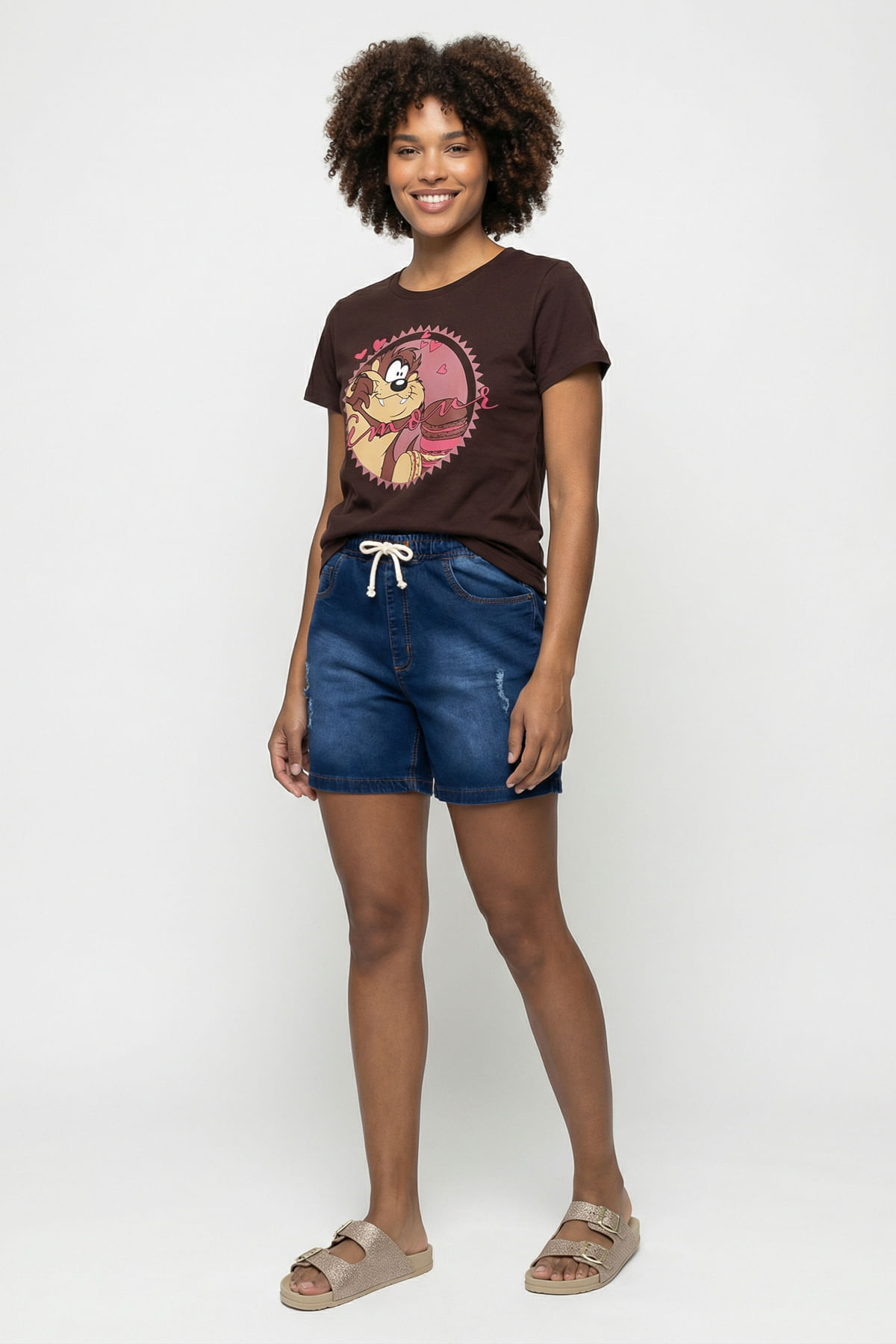 Shorts Jeans Feminino Azul Desgastado Amarração - imagem 1