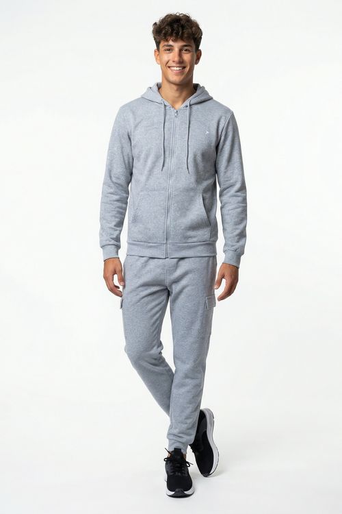 Calça Moletom Masculino Capuz Cargo Cinza Claro Mescla