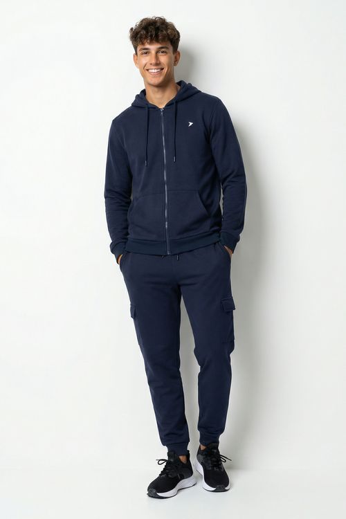 Calça Moletom Cargo Jaqueta Zíper Masculino Azul Marinho