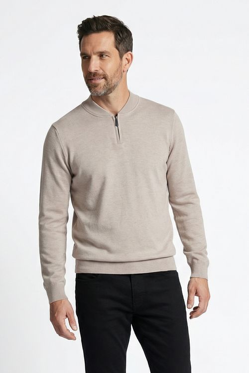 Suéter Masculino Bege Gola Bomber Meio Zíper