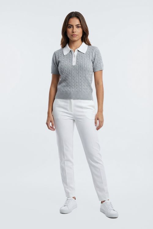 Blusa Tricot Gola Polo Feminina Cinza Mescla Trançada