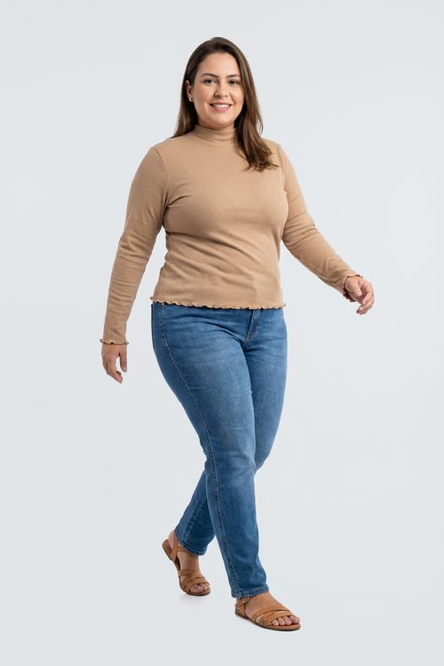 Blusa fpm cas m/l ribana gola alta bege bege escuro