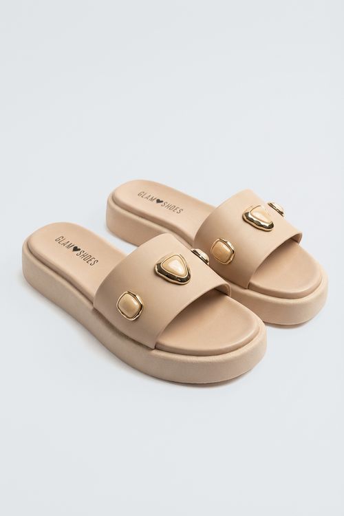 Rasteira Slide Flatform Feminina Nude Pedras Decorativas