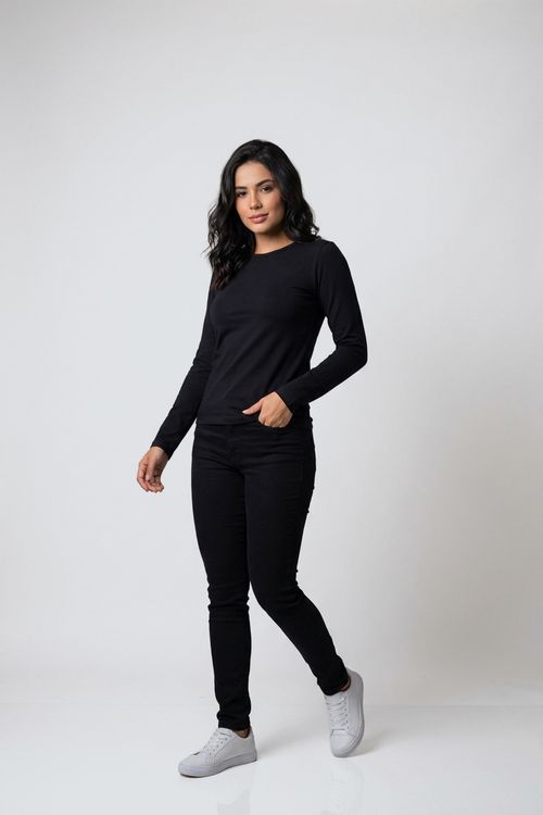 Blusa fem promo manga longa cotton preto preto