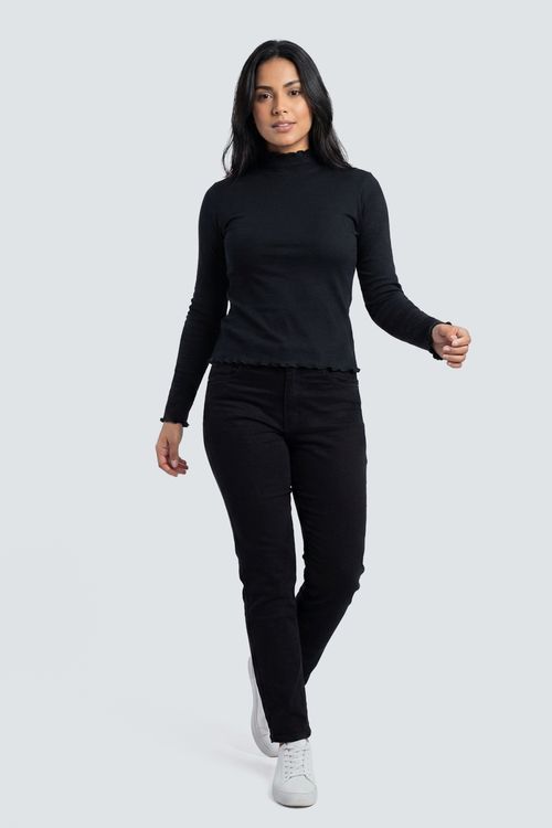 Blusa fem cas m/l ribana gola alta preto preto